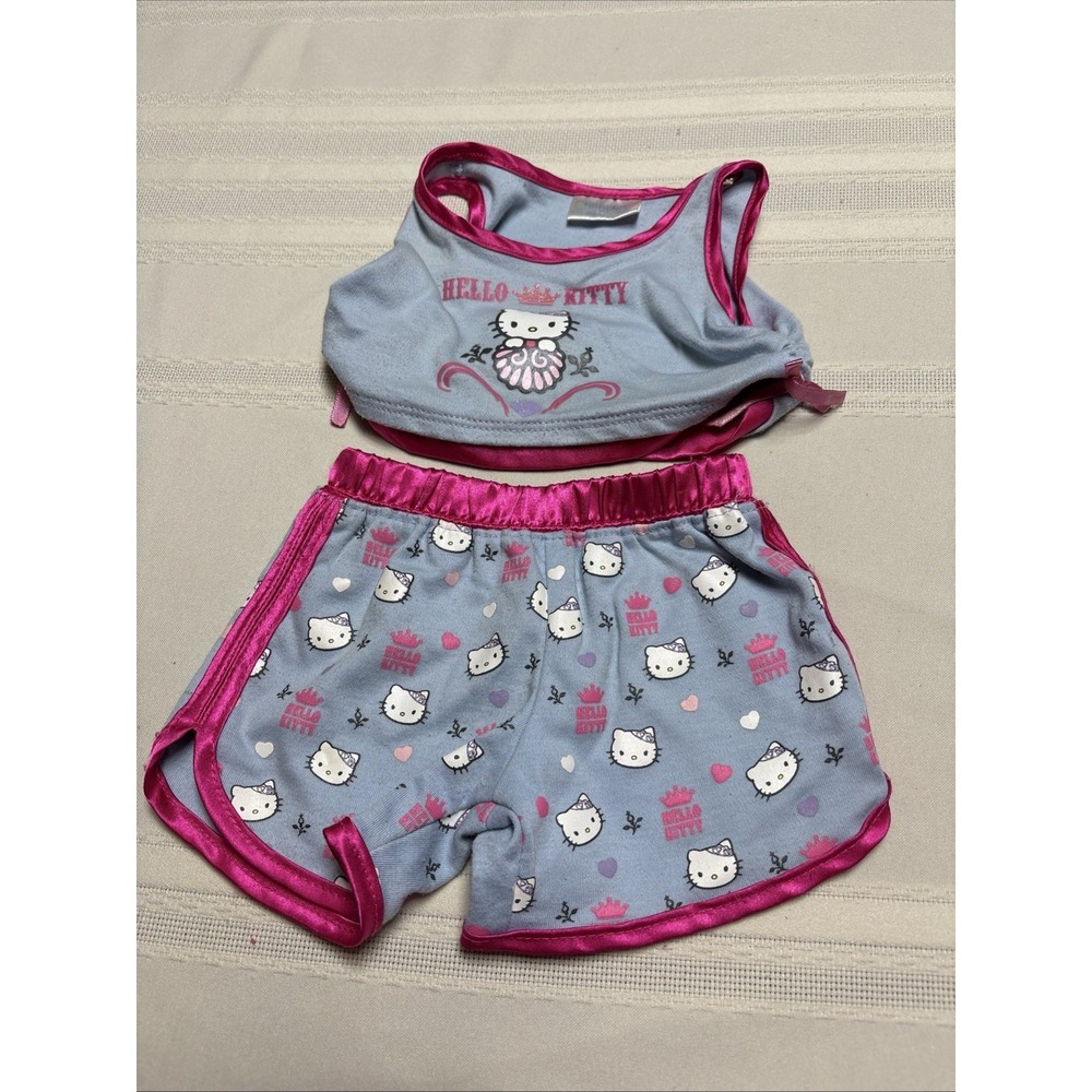 Hello Kitty BABW Pajamas Blue Pink Shorts & Top Sanrio Build A Bear(Some Stains)